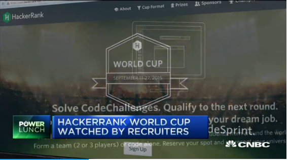 A news headline reading "Hackerrank World Cup watched by recruiters"