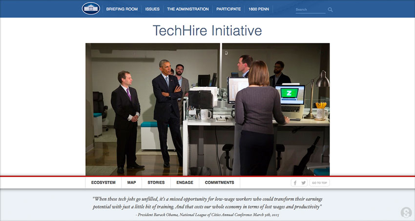 A screenshot of a webpage on ObamaWhiteHouse displaying information about TechHire Initiative