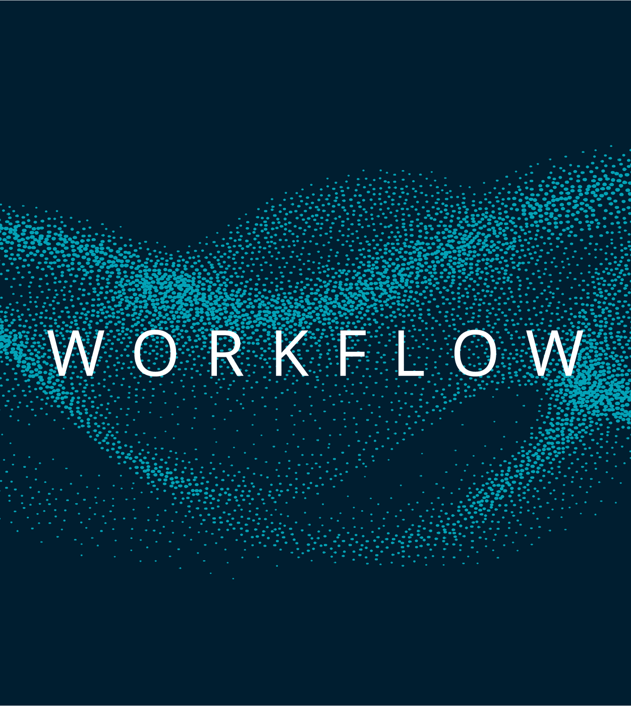 White text reading "workflow" on a blue background containing a halftone design