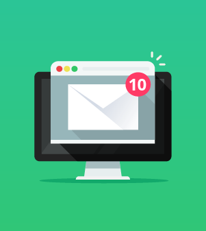 Illustration of a desktop monitor with its screen showing an icon that implies 10 unread emails