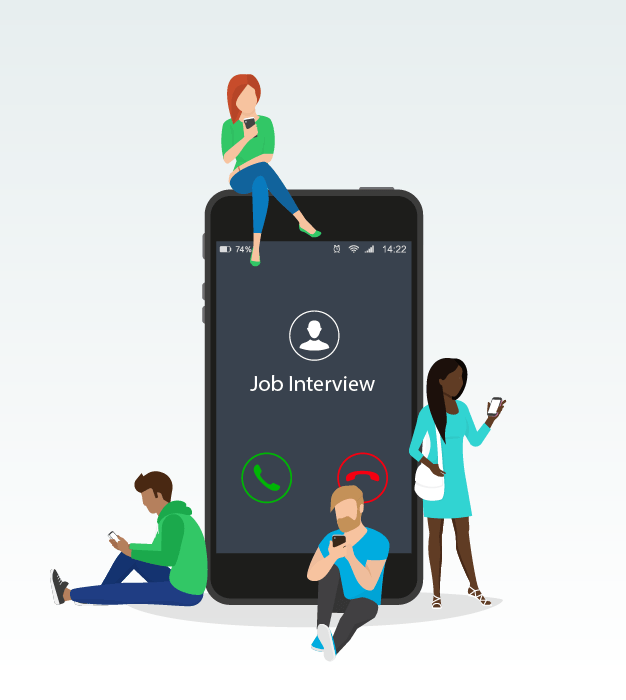 An illustration of a giant smartphone showing an incoming call interface reading "Job Interview" with four people surrounding the phone