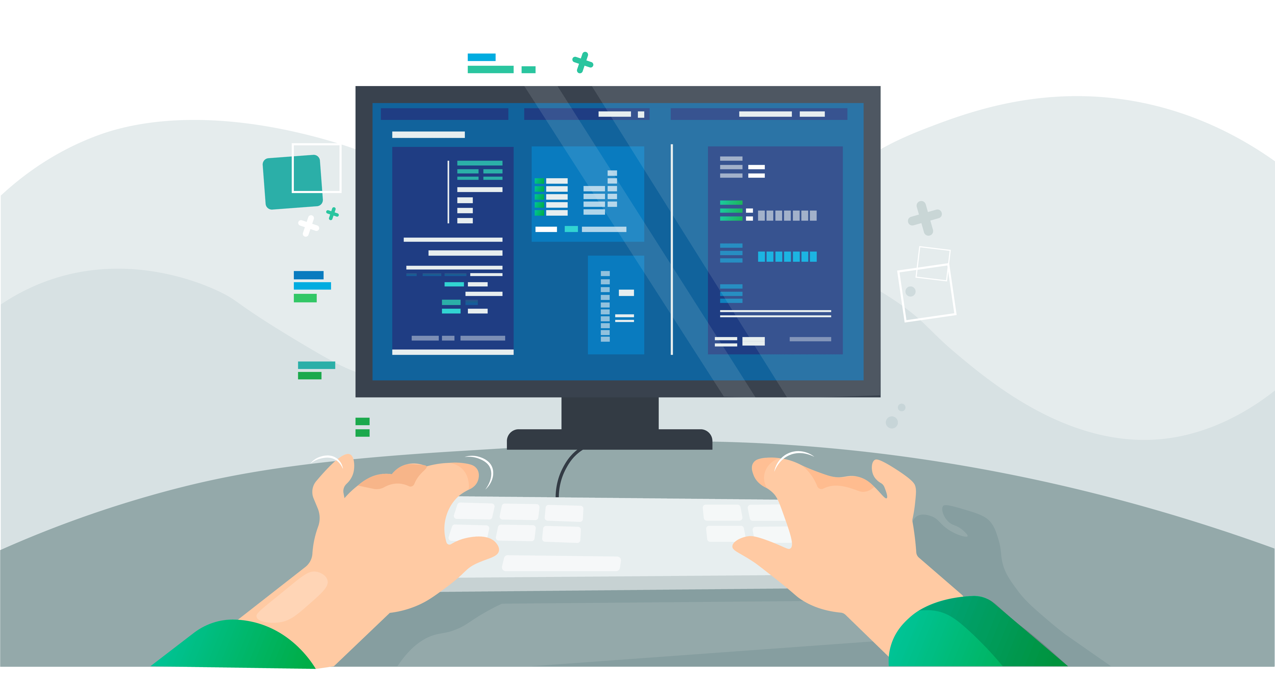 Illustration of two hands typing on a keyboard in front of a desktop monitor