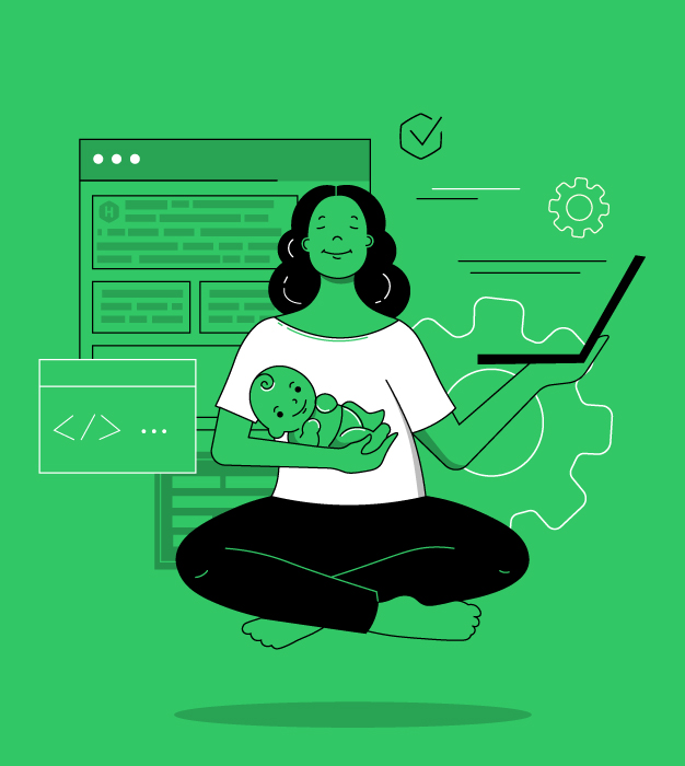 Illustration of a sitting woman holding a baby, smiling with a laptop on her other hand