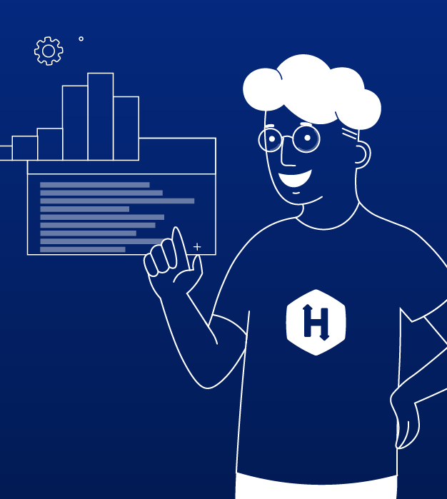 An illustration of a boy wearing glasses and a t-shirt with Hackerrank's logo on it, smiling and pointing to a chart