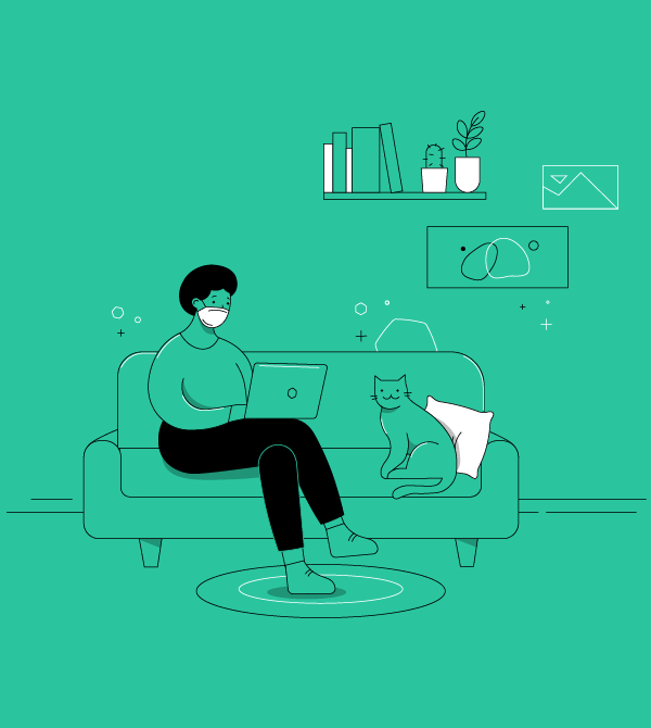 Illustration of a person wearing a mask, sitting on their sofa with a laptop along with a cat