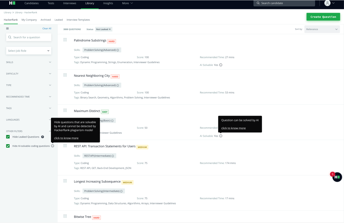 Screenshot of HackerRank's question library interface