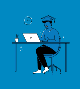 Illustration of a student wearing a graduation cap, seated on a desk with a laptop