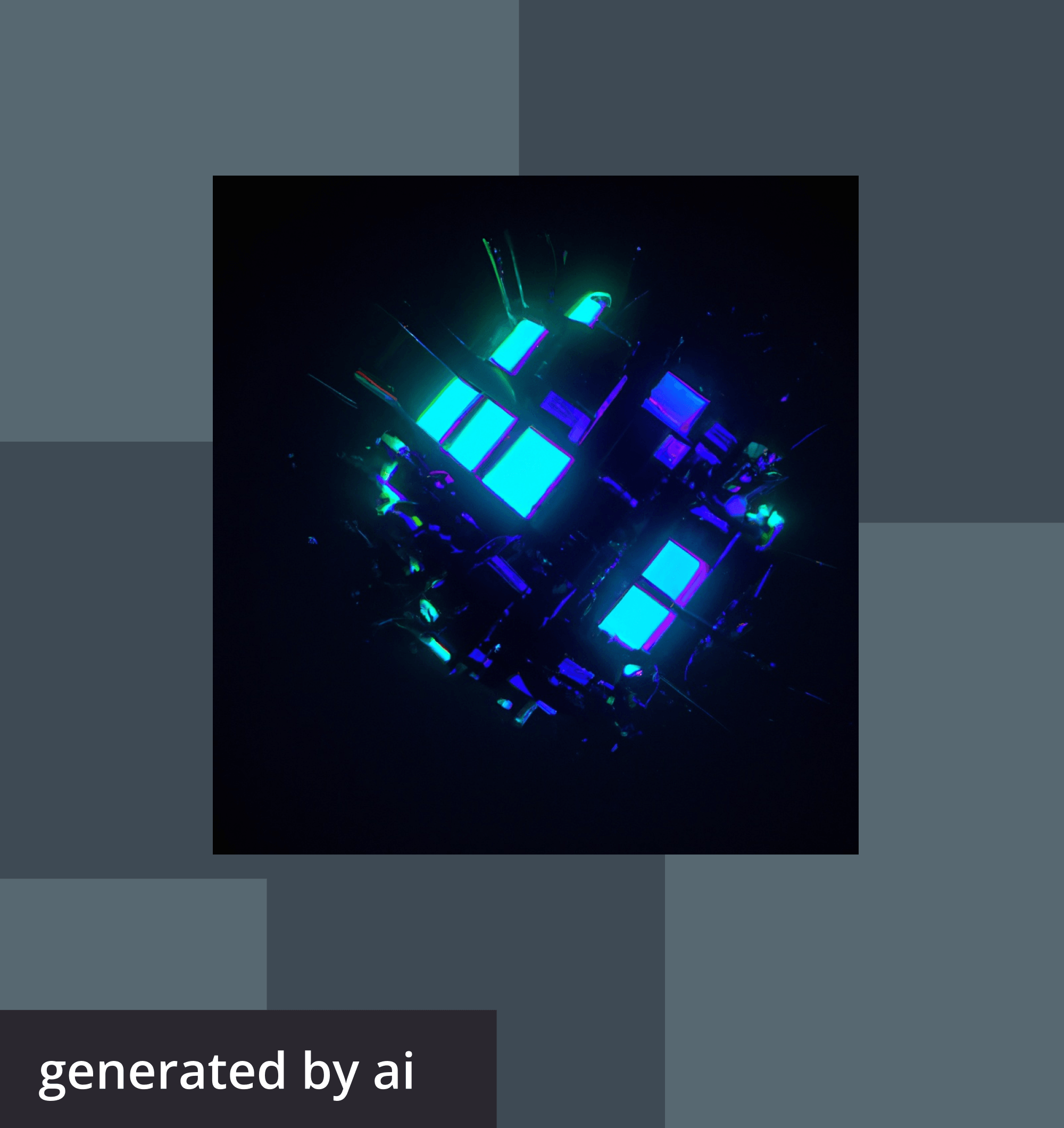 An AI-generated image with bright blue squares clustered together over a black background