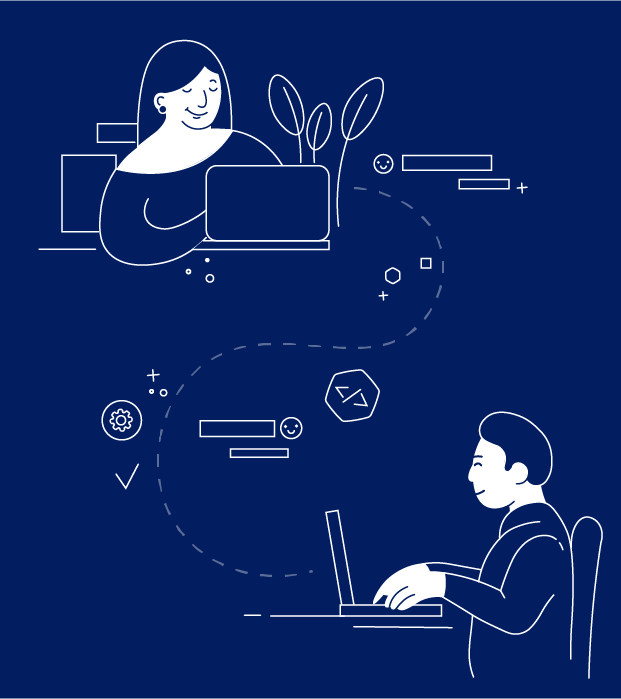 Illustration of two people working on their laptops in a blue background, connected by a dotted white line
