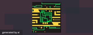 An AI-generated image with green and yellow lines and shapes depicting a circuit board, over a black background