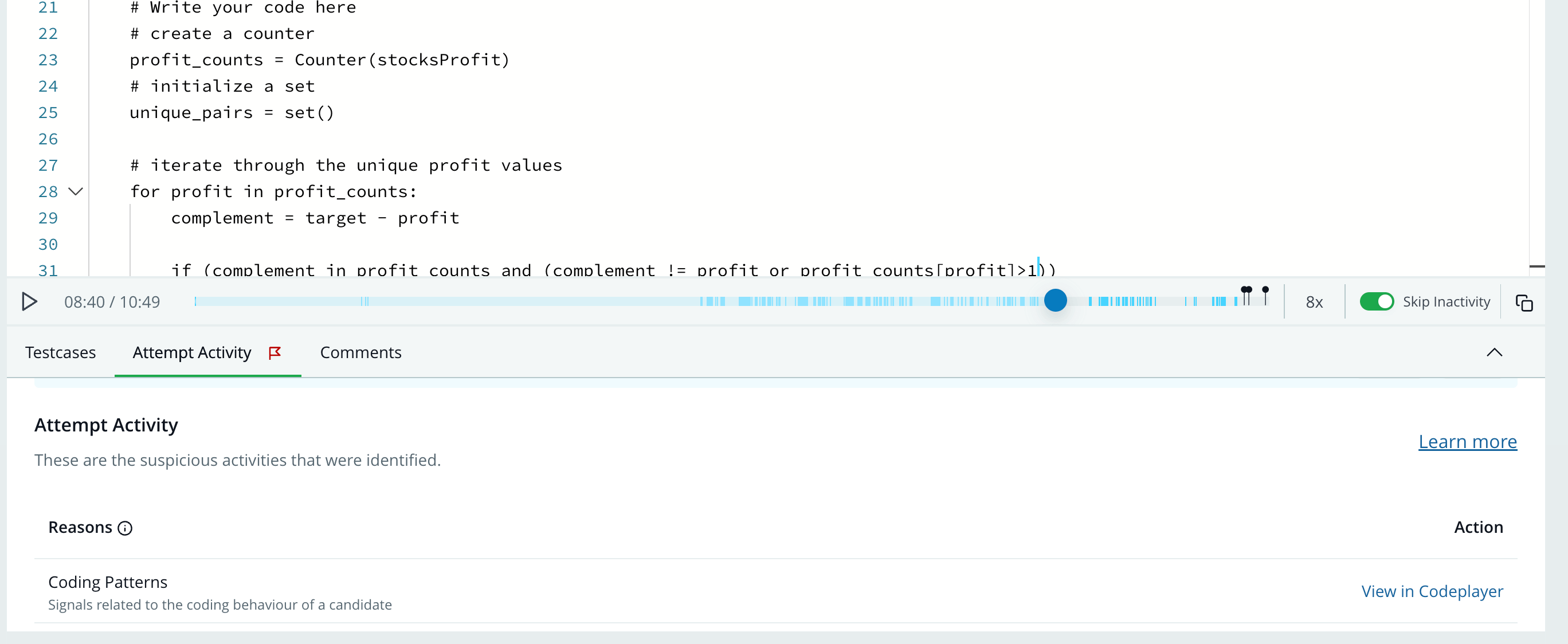 HackerRank dashboard showing how AI-powered plagiarism detection correctly flagged this ChatGPT-created answer as suspicious, even when typed in keystroke by keystroke. 