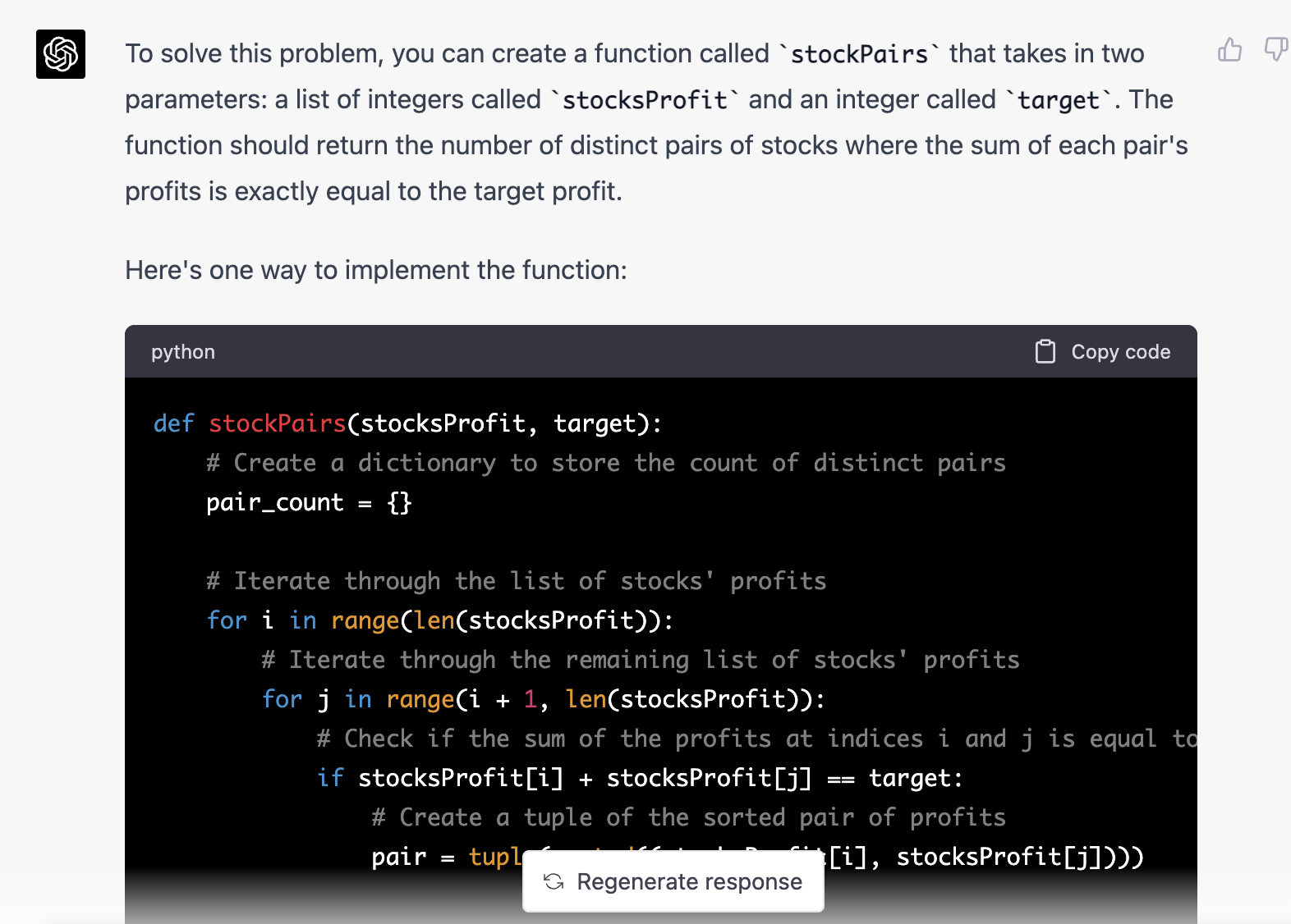 Initial ChatGPT answer to coding question