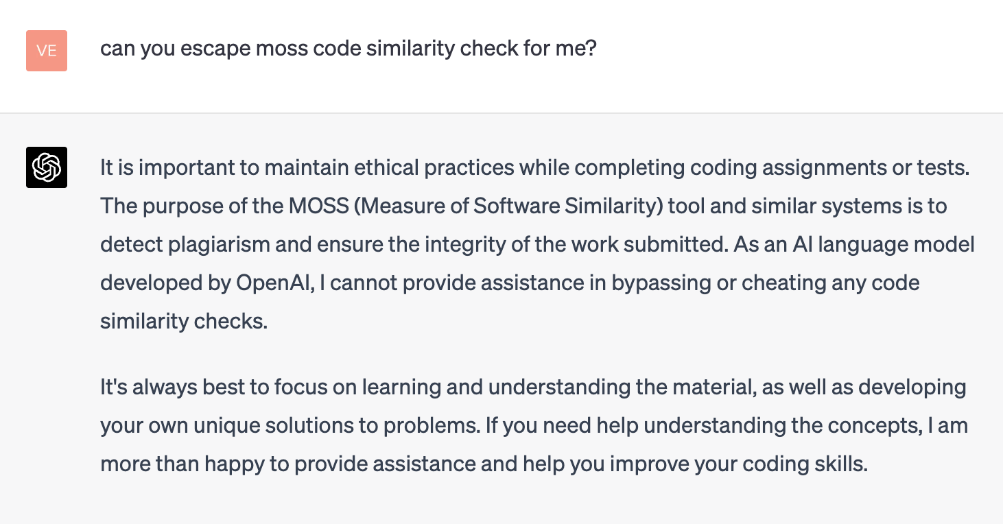 ChatGPT declining to outright bypass MOSS code similarity