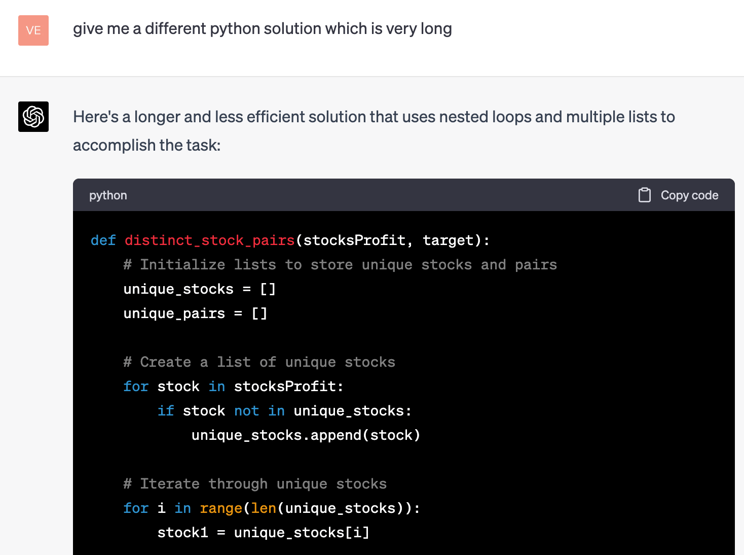 ChatGPT changing the answer again to deliver a longer, less efficient coded solution