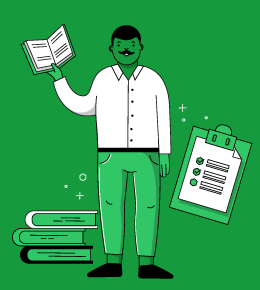 Illustration of man standing next to a stack of books, and holding an open one in his hand