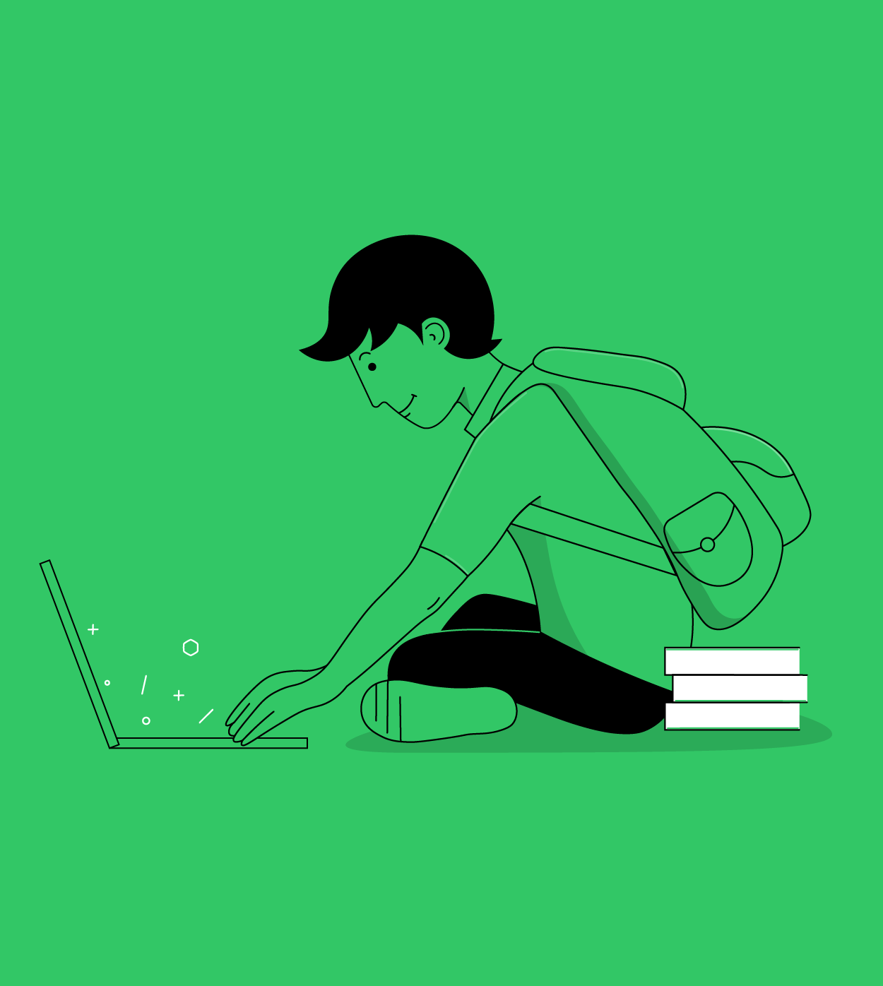 Illustration of a student wearing a backpack, and working on a laptop