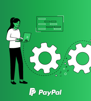 An illustration of a standing woman smiling at a laptop she's holding, with two gears on the right and PayPal's logo on the bottom