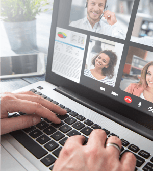 Multiple people on a video call on a laptop