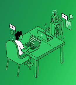 Illustration of the top view of a man seated opposite to a robot, both on desks with laptops