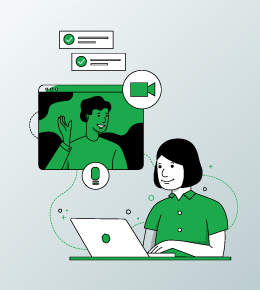 Illustration of a woman smiling at her laptop, with a floating image of a man waving in a video call interface