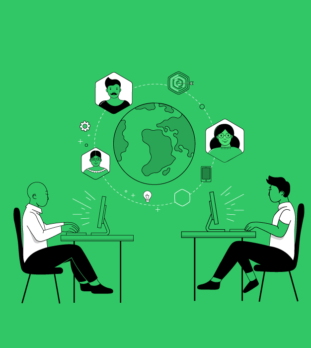 Illustration of two people sitting oppsosite each other on workstations, with a floating globe in between