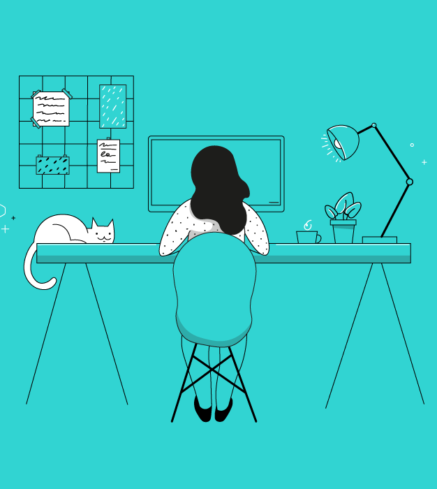 Illustration of back view of a woman seated at her desk working, with a cat laying on the same desk