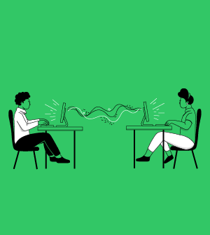 Illustration of two people sitting opposite to each other on desks with laptops on them, with lines connecting the two systems