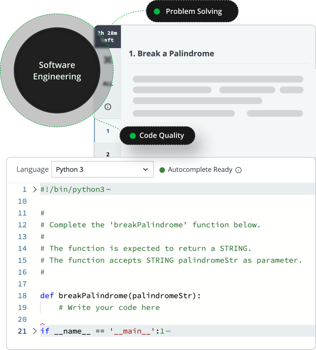 Screenshot of a HackerRank software engineering coding test. Also includes illustration of skills related to software engineering.