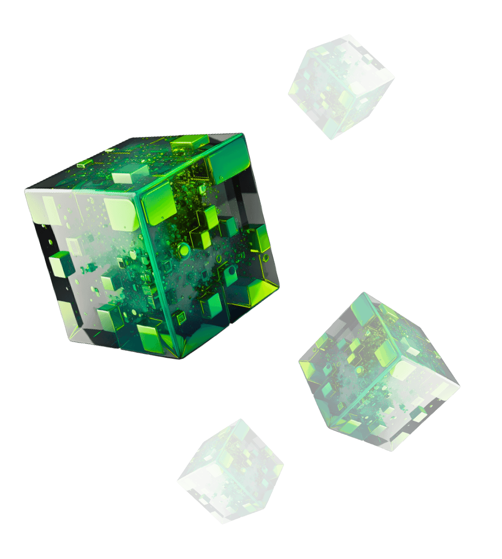 Abstract image of four green boxes made out of electronics