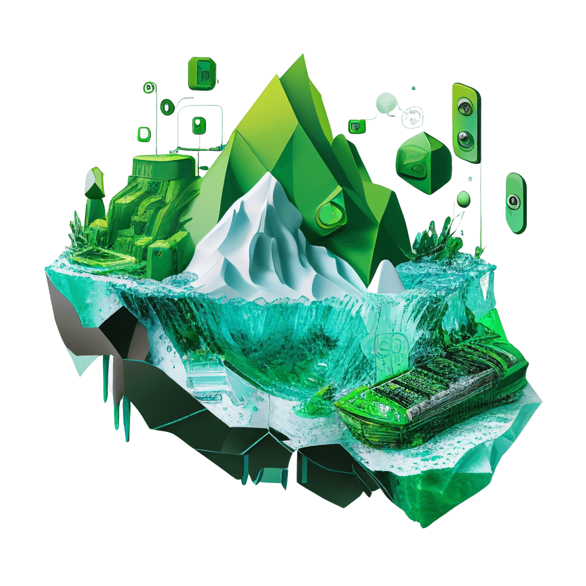 Abstract illustration of a green and blue iceberg made of electronic components