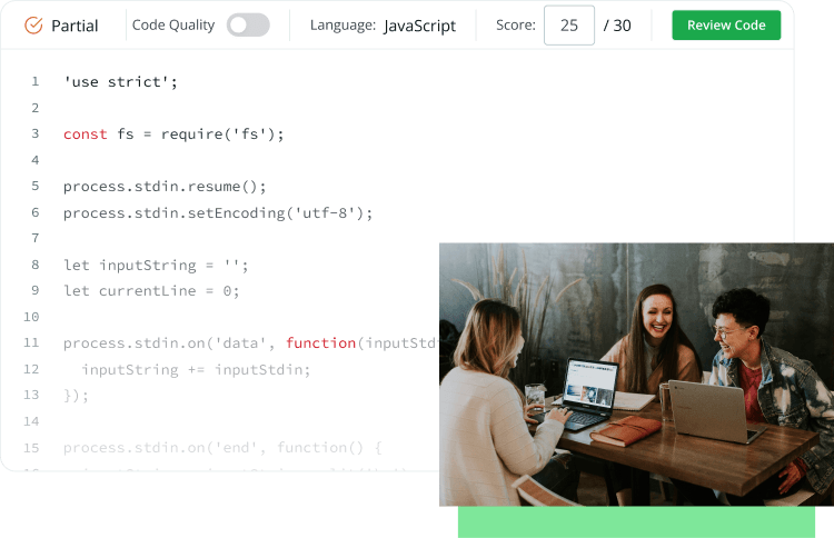 Screenshot of HackerRank IDE, picture of developers collaborating